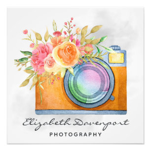 Boho Oranje Camera & Floral Bouquet Waterverf Foto Afdruk