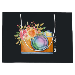 Boho Oranje Camera & Floral Bouquet Waterverf Groot Cadeauzakje