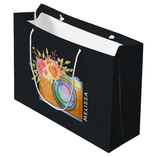 Boho Oranje Camera & Floral Bouquet Waterverf Groot Cadeauzakje (Voorkant Gekanteld)