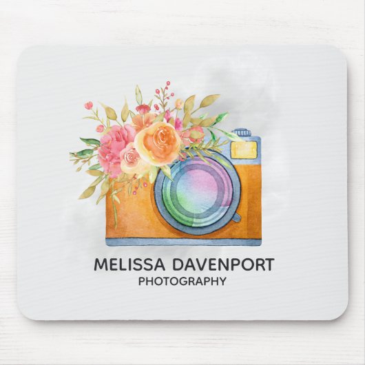 Boho Oranje Camera & Floral Bouquet Waterverf Muismat (Voorkant)