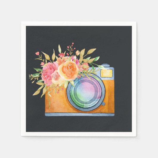 Boho Oranje Camera & Floral Bouquet Waterverf Servet (Voorkant)