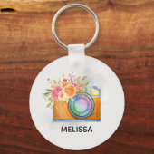 Boho Oranje Camera & Floral Bouquet Waterverf Sleutelhanger (Voorkant)