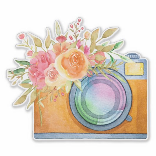 Boho Oranje Camera & Floral Bouquet Waterverf Sticker (Voorkant)