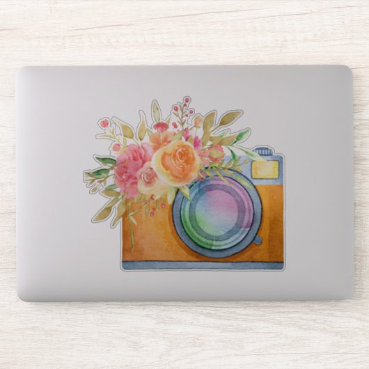 Boho Oranje Camera & Floral Bouquet Waterverf Sticker (Computer)