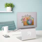 Boho Oranje Camera & Floral Bouquet Waterverf Sticker (Laptop op bureau)