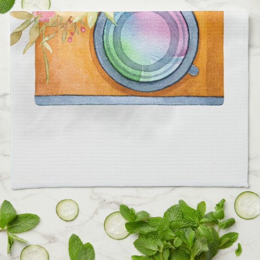 Boho Oranje Camera & Floral Bouquet Waterverf Theedoek (Gevouwen)