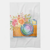Boho Oranje Camera & Floral Bouquet Waterverf Theedoek (Verticaal)