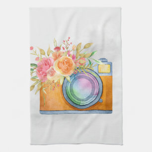Boho Oranje Camera & Floral Bouquet Waterverf Theedoek