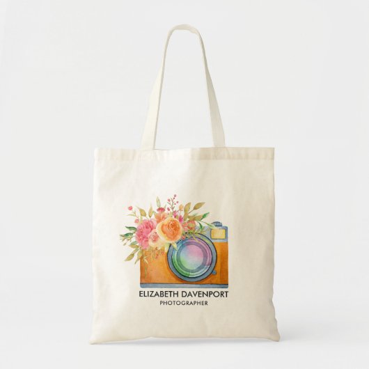 Boho Oranje Camera & Floral Bouquet Waterverf Tote Bag (Voorkant)