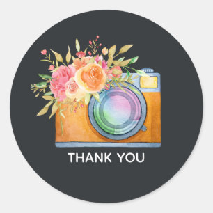 Boho Oranje Camera & Flowers Waterverf Dank u Ronde Sticker