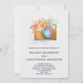 Boho Oranje Camera & Flowers Waterverf Wedding Kaart (Voorkant)