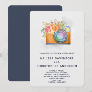 Boho Oranje Camera & Flowers Waterverf Wedding Kaart