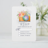 Boho Oranje Camera & Flowers Waterverf Wedding RSVP Kaartje (Staand voorkant)