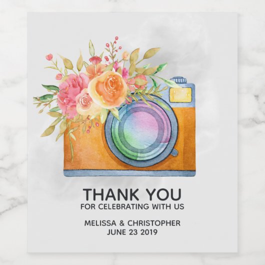 Boho Oranje Camera & Flowers Waterverf Wedding Wijn Etiket (Enkel label)