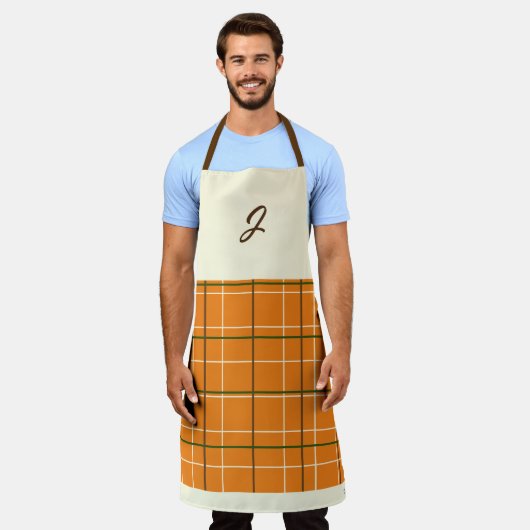 Boho Oranje Chocolade Crème Groene Grid Monogram Schort (Gedragen)