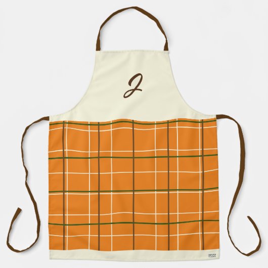 Boho Oranje Chocolade Crème Groene Grid Monogram Schort (Voorkant)