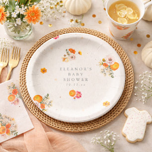 Boho Oranje Cottagecore Bloemige Baby Shower Naam Papieren Bordje