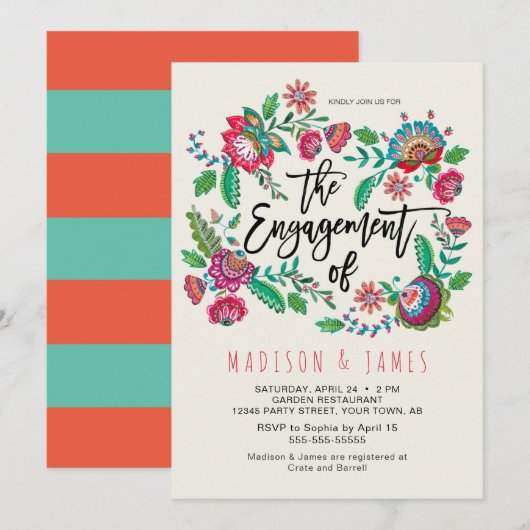 Boho Oranje en Turquoise stripe Floral Verloving Kaart (Voorkant / Achterkant)