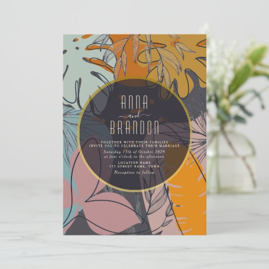 Boho Oranje en zwarte bruiloft Kaart (Staand voorkant)