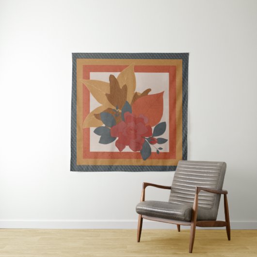 Boho Oranje Geel Blauw Rood Getextureerd Botanisch Wandkleed (In situ)