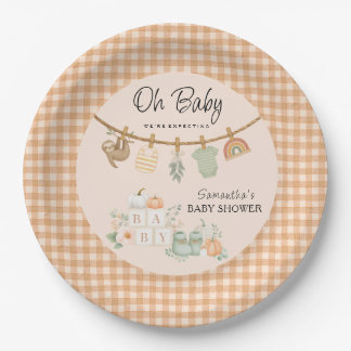 Boho Oranje Gingham Waslijn Oh Baby Shower Papieren Bordje