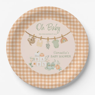 Boho Oranje Gingham Waslijn Oh Baby Shower Papieren Bordje