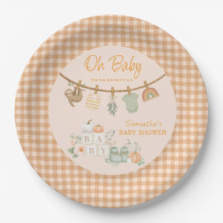Boho Oranje Gingham Waslijn Oh Baby Shower Papieren Bordje