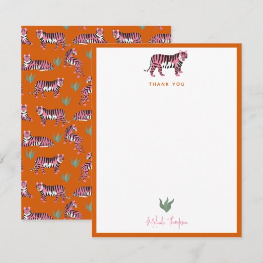 Boho Oranje Roze Jungle Tijger Script Notitiekaartje (Voorkant / Achterkant)