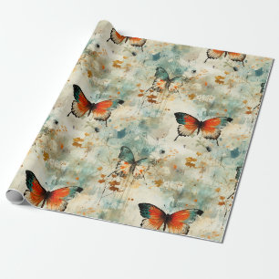 Boho Oranje Teal Vlinder Schilderachtig Cadeaupapier
