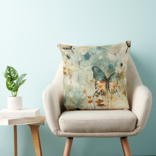 Boho Oranje Teal Vlinder Schilderachtig Kussen