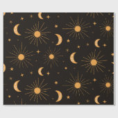 Boho oranje zon en maan op zwart cadeaupapier (Vlak)