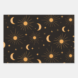 Boho oranje zon en maan patroon inpakpapier vel
