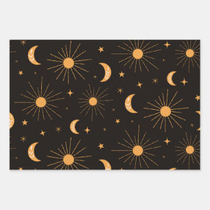 Boho oranje zon en maan patroon inpakpapier vel