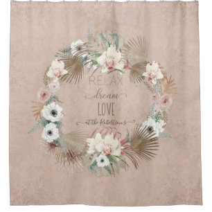 Boho Orchid Tropical Palm Leaf Wreater Blush Pink Douchegordijn
