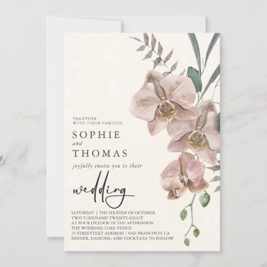 Boho orchideeën elegante bruiloft kaart (Voorkant)