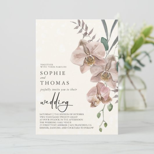 Boho orchideeën elegante bruiloft kaart (Staand voorkant)