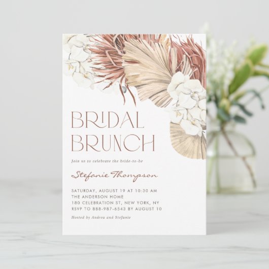 Boho Orchids en Dried Palm Leaves Bridal Brunch Kaart (Staand voorkant)