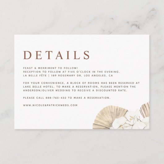 Boho Orchids en Dried Palm Leaves Wedding Details Informatiekaartje (Voorkant)