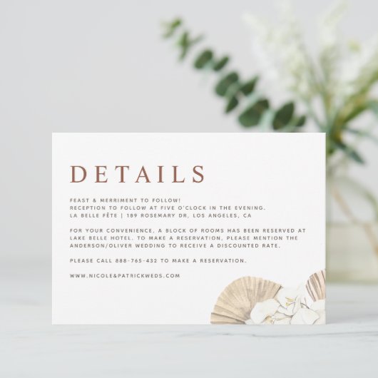 Boho Orchids en Dried Palm Leaves Wedding Details Informatiekaartje (Staand voorkant)
