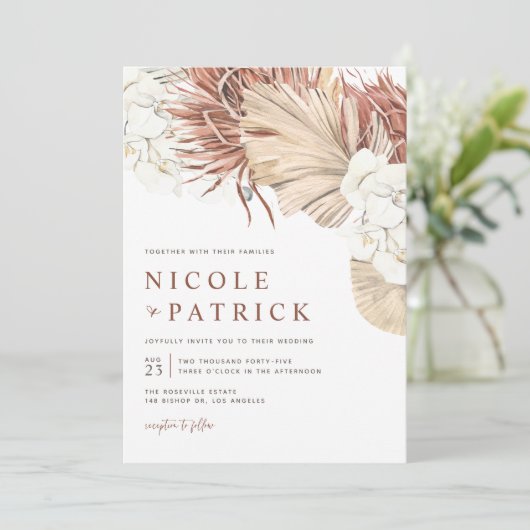 Boho Orchids en Dried Palm Leaves Wedding Kaart (Staand voorkant)