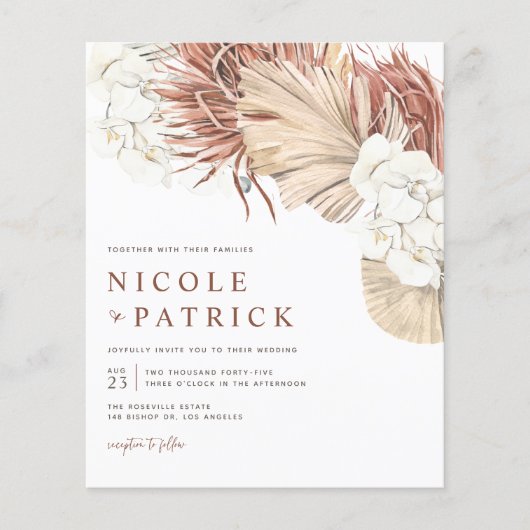 Boho Orchids en Dried Palm Wedding Invitation (Voorkant)