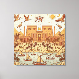 Boho Oud-Egyptische Stad Illustratie-Terracotta Canvas Afdruk