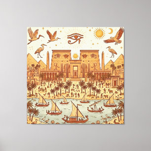 Boho Oud-Egyptische Stad Illustratie-Terracotta Canvas Afdruk