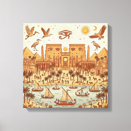 Boho Oud-Egyptische Stad Illustratie-Terracotta Canvas Afdruk