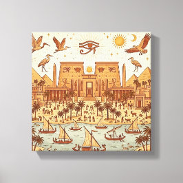 Boho Oud-Egyptische Stad Illustratie-Terracotta Canvas Afdruk
