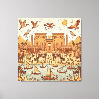 Boho Oud-Egyptische Stad Illustratie-Terracotta Canvas Afdruk