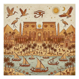 Boho Oud-Egyptische Stad Illustratie-Terracotta Perfect Poster