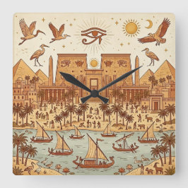 Boho Oud-Egyptische Stad Illustratie-Terracotta Vierkante Klok