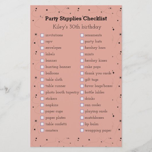 Boho oud roos verjaardagsfeestbenodigdheden checkl (Voorkant)