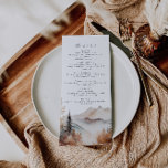 Boho Outdoor Berg Bruiloft Menu<br><div class="desc">Dit is een menu met een bergthema met een prachtige waterverf bergscène en een elegante lettercombinatie. Alle bewoordingen en de meeste lettertypen zijn bewerkbaar op dit rustieke zonnebloemontwerp. De enige kleuren die niet bewerkbaar zijn, zijn de kleuren van het waterverf bergontwerp. // Voor overeenkomende design, zoek SAWYER in de Sincerely...</div>